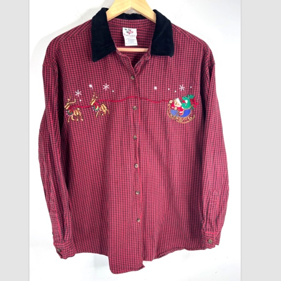 Vintage 90s Christmas Plaid Embroidered Shirt L Velvet Collar Santa Bear Holiday - Picture 1 of 10